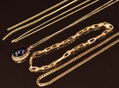 Four 9ct gold chains (one damaged, 7.5g), 9ct gold bracelet (3.3g, 18.5cm) and a 9ct gold pendant