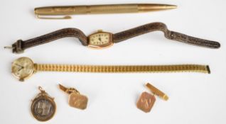 Yard-O-Led 9ct gold pen (25.6g all in), two 9ct gold cased watches, a pair of 9ct gold cufflinks (
