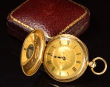 Unnamed 18ct gold half hunter pocket watch with blued hands, black Roman numerals, engraved gold