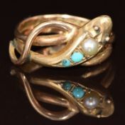 A 9ct gold ring in the form of a serpent set with two turquoise cabochons and a split pearl, Chester