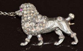 Victorian brooch in the form of a poodle set with old cut diamonds and ruby eyes, 9.6g, 2.8cm