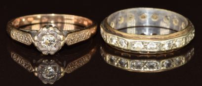A 9ct gold ring set with a diamond and a 9ct gold eternity ring, 5g, size O