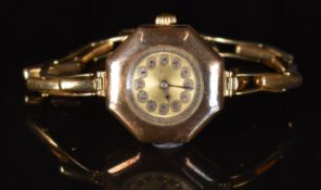 Rolex 9ct gold ladies wristwatch with blued hands, black Arabic numerals, gold dial, octagonal