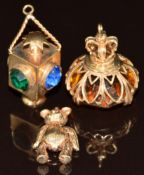 Three 9ct gold charms including Teddy Bear, lamp and fob, 12.8g