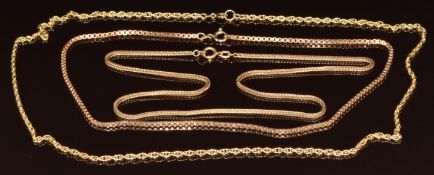 Three 9ct gold chains, 20.8g, 40, 44 & 60cm