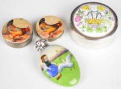 Two hallmarked silver pill pots with enamel painted lids depicting chickens, Edward VII hallmarked