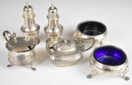 Georgian and later hallmarked silver condiments comprising pair of peppers, pair of Georgian hoof