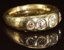 A 14ct gold ring set with five old cut diamonds of approximately 0.8ct, 0.4ct, 0.5ct, 0.3ct and 0.
