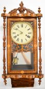Inlaid walnut / tunbridgeware drop dial wall clock with fretwork decoration, H90cm