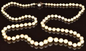 A single strand cultured pearl necklace, the 9ct gold clasp set with paste, 13.5g, 52cm