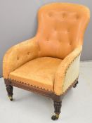 Victorian leather upholstered mahogany armchair raised on fluted legs and Collinson patent brass