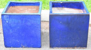 Near pair of blue square jardinières / garden planters, 37 x 37cm