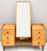 Gordon Russell elm or ash retro mid century dressing table, the central mirror flanked by six