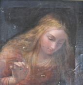 Old Master school or similar oil on canvas woman in a crown or similar head dress sewing, with label