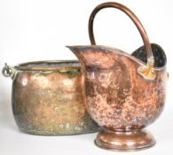 Two 19th/20thC copper coal scuttles, one possibly a log bin, tallest 37cm