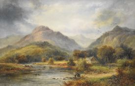 Walter E Ellis (1849-1918) oil on canvas Welsh river landscape figures fishing and cottage on the
