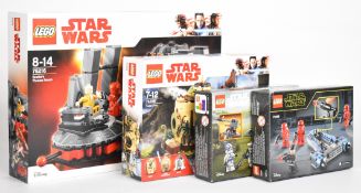 Four Lego Star Wars sets comprising Snoke's Throne Room 75216, Yoda's Hut 75208, 501st Clone