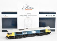 Hattons Originals 00 gauge model railway Class 66 locomotive in BR blue with logo, H4-66-031, in