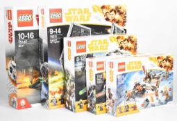 Five Lego Star Wars sets comprising Imperial Tie Fighter 75211, BB-8 75187, Moloch's Landspeeder