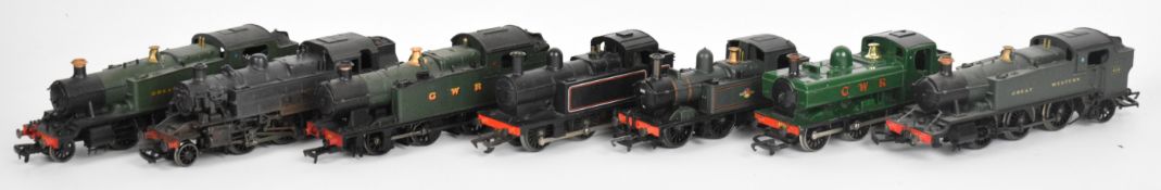 Seven Hornby and Bachmann 00 gauge model railway locomotives, comprising BR and GWR liveries