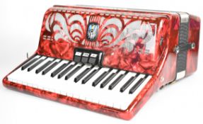 Gallott 72 button bass accordion with 34 keys and 3 bass register switches, in red marbled finish,