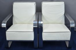 Pair of Ralph Lauren Art Deco inspired Metropolis design armchairs with chrome frame and cream
