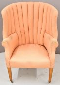 Georgian or similar high back armchair, raised on brass castors