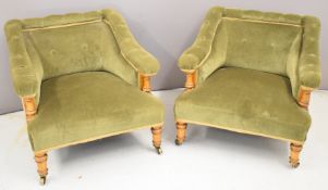 Pair of Gillows Victorian upholstered satin birch / satin wood tub style armchairs raise on brass