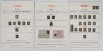 1854 ½ Anna blue on three pages, most VFU, some with enormous margins, two pairs, thirty two stamps,