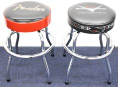Two circular Fender guitar stools with foam padded seats, on chrome supports, height 59cm