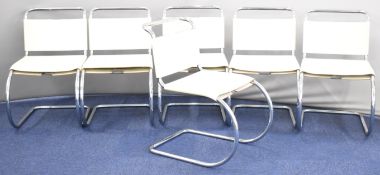 Set of six Knoll Studio chrome and leather designer dining chairs with stitched leather backs some