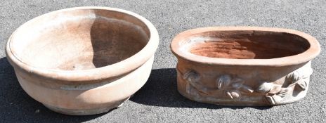 Large circular pedestal terracotta planter / jardinière (diameter 62, height 27cm) and an oval