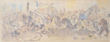 John Leech (1817-1864) ink and watercolour 'Rotten Row in 1851' depicting a mounted elephant, monkey