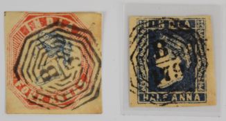 1854 India used abroad ½ Anna blue and 4 Annas blue and red stamps, both cut square and with four