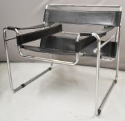 After Marcel Breuer mid century modern chrome framed and black leather upholstered 'Wassily'