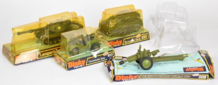 Four Dinky Toys diecast model military vehicles comprising Commando Jeep 612, Scorpion Tank 690,
