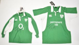 Ireland IRFU pair of signed rugby union replica shirts both with individual presentation