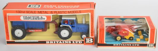 Two Britains diecast metal and plastic farm vehicles comprising Ford Tractor and Rear Dump 9630