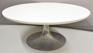 Arkana mid century modern circular white 'Tulip' coffee table with weighted wooden base, signed in