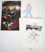 A collection of Marvel and DC comic book storyboard prints and original artist sketches, with work
