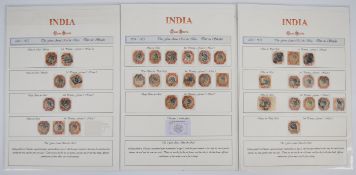 1854 4 Annas red and blue used stamp assembly on three album pages, thirty six stamps including