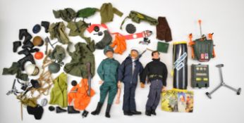 Three vintage Palitoy Action Man figures each with flocked hair and painted features, together