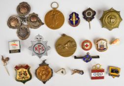Twenty three badges and medals to include five vintage hallmarked Darts fob medals (one engraved W.