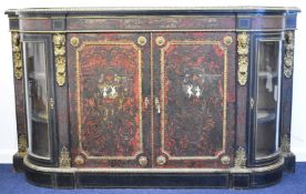 19th century ebonised Boulle cabinet, with barrel fronted glazed display cabinets to each end, the