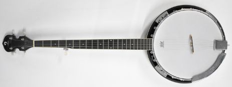 Vangoa five string banjo with Remo head and closed back, together with branded soft case and stand.