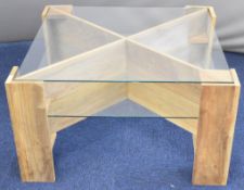 Contemporary designer coffee table with X support, recessed removable glazed top and glazed