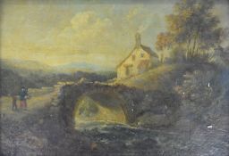 Patrick Nasmyth (1787-1831) oil on board of travellers approaching a bridge with house,