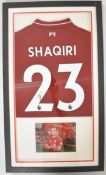Xherdan Shaqiri framed montage comprising a signed Liverpool ‘96 replica shirt, mounted in box frame