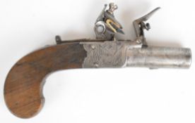 I Gillet of Bristol flintlock pocket pistol with named and engraved lock, line engraved hammer and