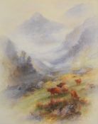James Stinton (1870-1961) Royal Worcester artist watercolour Highland cattle in a valley and